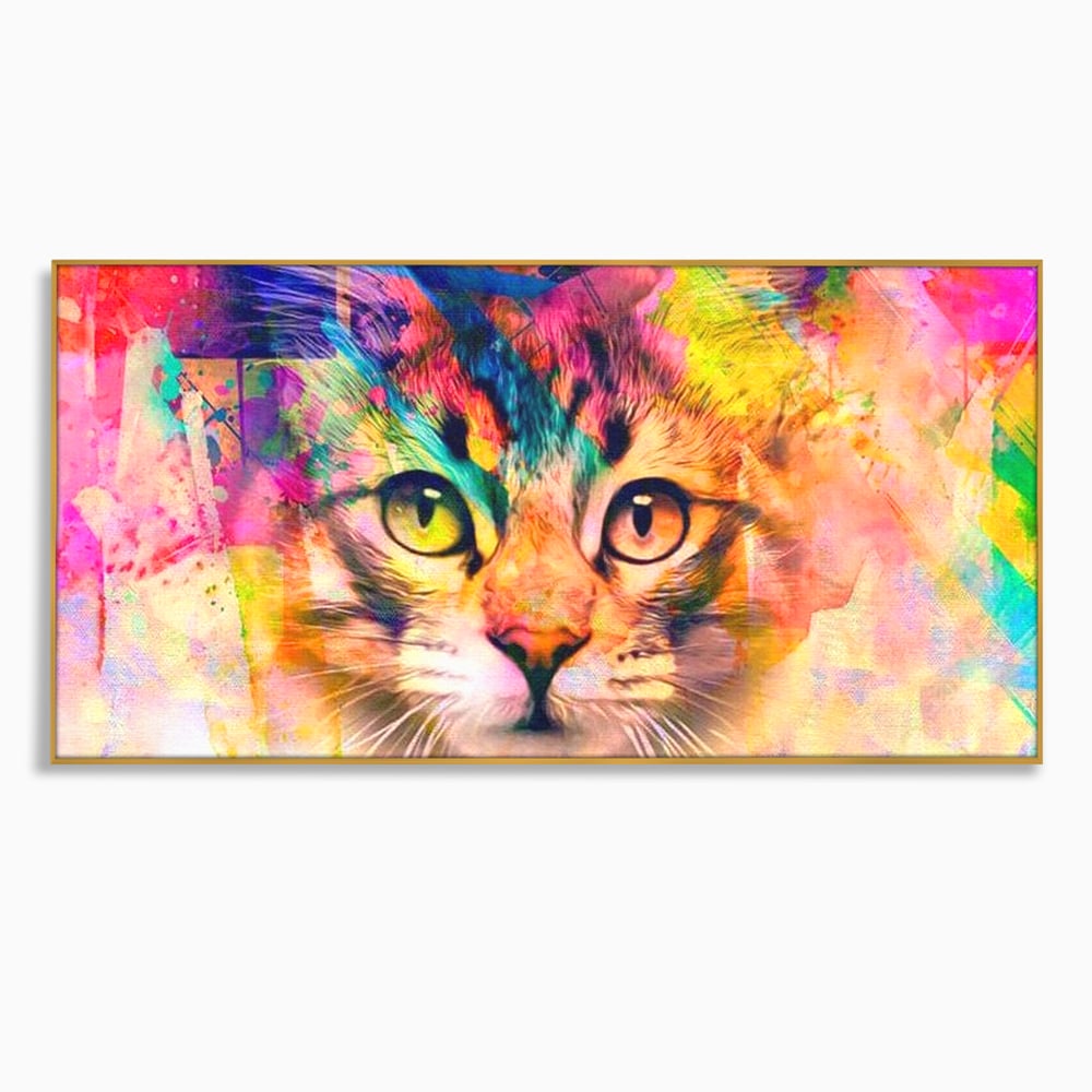 Tablou canvas cu tablou canvas cu pisica in stil graffiti, in rama de aluminiu auriu