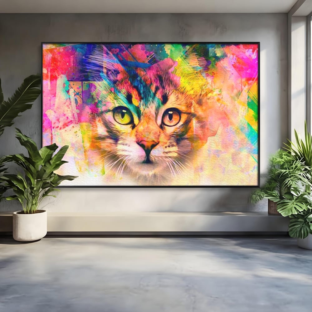Tablou canvas cu tablou canvas cu pisica in stil graffiti, in rama de aluminiu negru