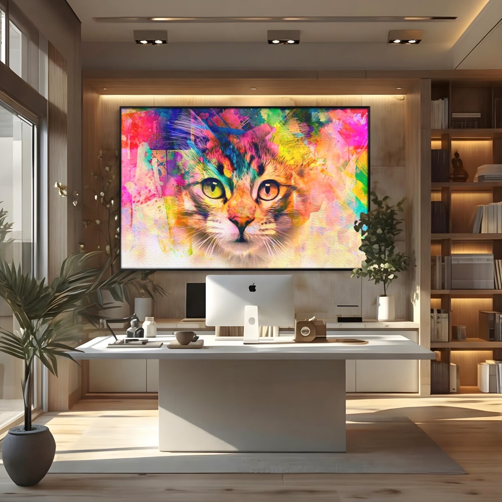 Tablou canvas cu tablou canvas cu pisica in stil graffiti, in rama de aluminiu negru, pe perete intr-un birou