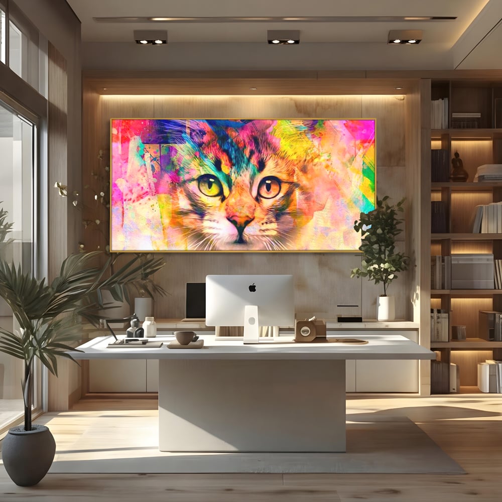 Tablou canvas cu tablou canvas cu pisica in stil graffiti, in rama de aluminiu auriu, pe perete intr-un birou