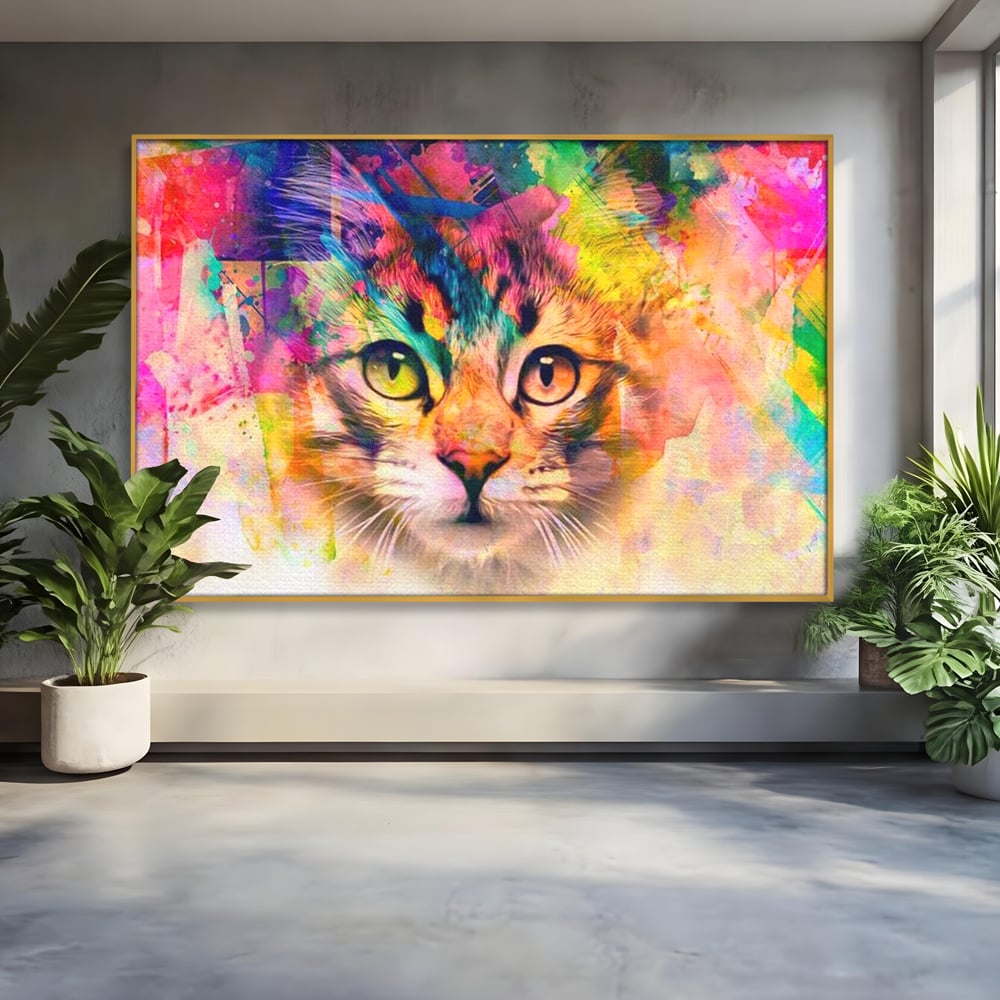 Tablou canvas cu tablou canvas cu pisica in stil graffiti, in rama de aluminiu auriu