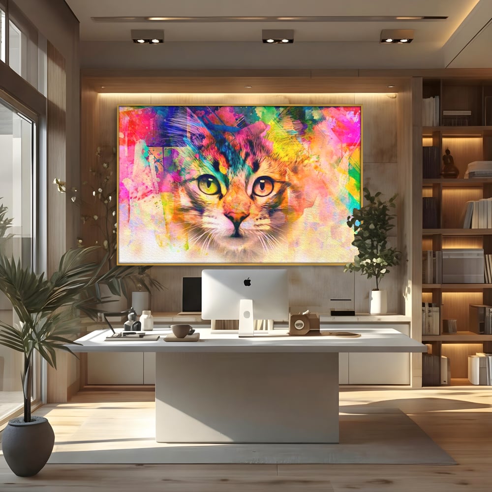 Tablou canvas cu tablou canvas cu pisica in stil graffiti, in rama de aluminiu auriu, pe perete intr-un birou