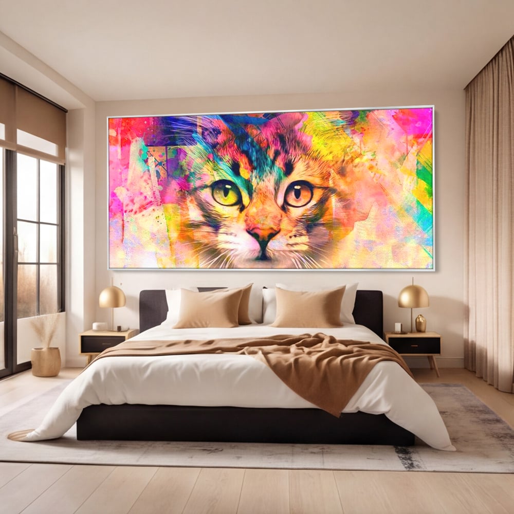 Tablou canvas cu tablou canvas cu pisica in stil graffiti, in rama de aluminiu argintiu, pe perete intr-un dormitor
