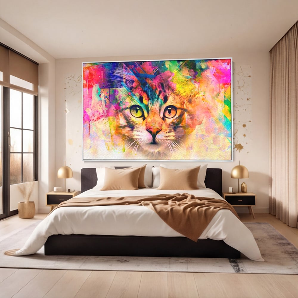 Tablou canvas cu tablou canvas cu pisica in stil graffiti, in rama de aluminiu argintiu, pe perete intr-un dormitor