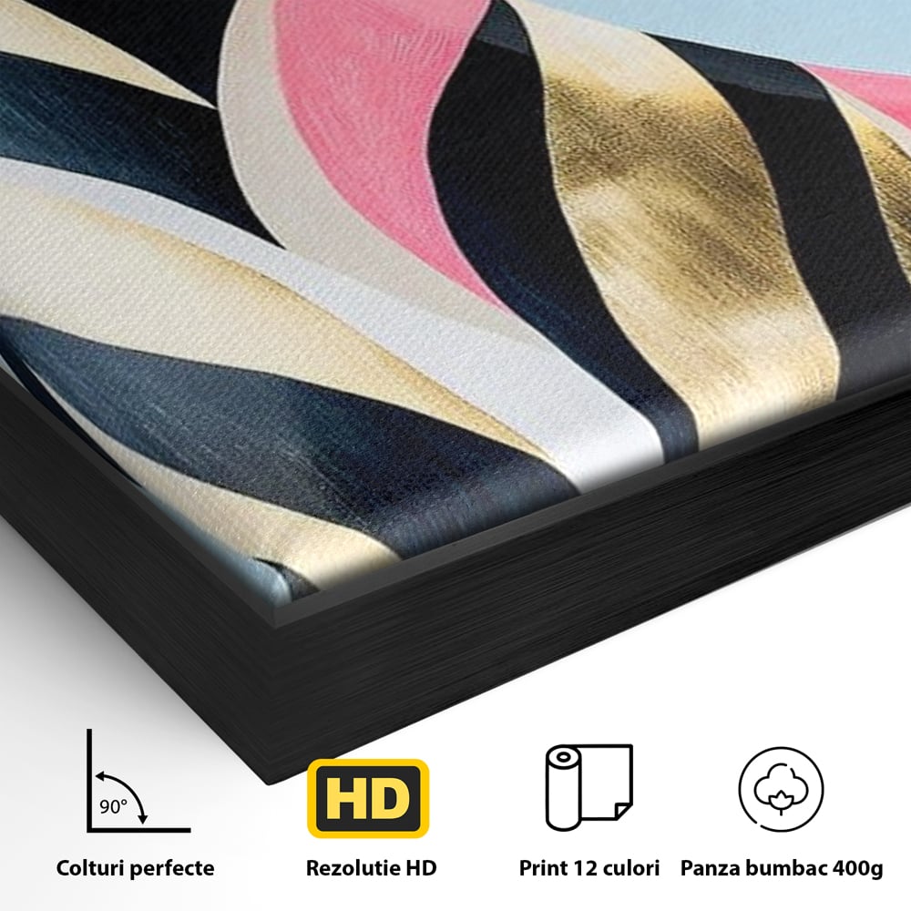 Detaliu al suprafetei: tablou canvas cu pisica neagra stilizata, in rama de aluminiu negru