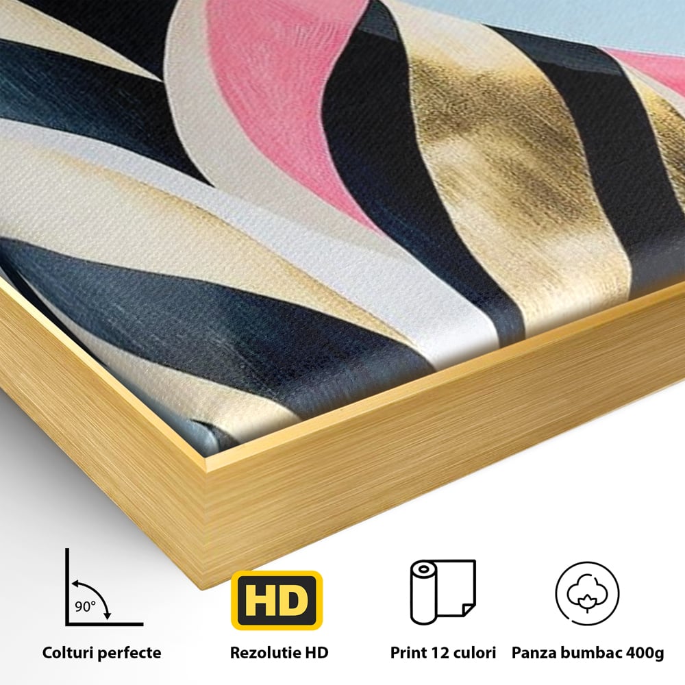 Detaliu al suprafetei: tablou canvas cu pisica neagra stilizata, in rama de aluminiu auriu