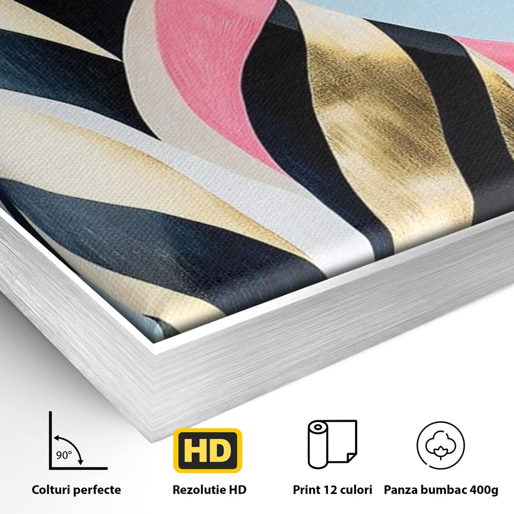 Detaliu al suprafetei: tablou canvas cu pisica neagra stilizata, in rama de aluminiu argintiu