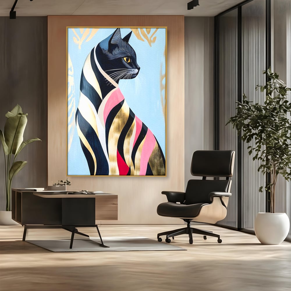 Tablou canvas cu tablou canvas cu pisica neagra stilizata, in rama de aluminiu auriu, pe perete intr-un birou