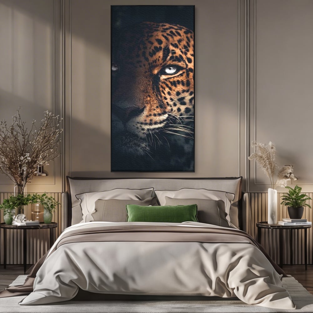 Tablou canvas cu tablou canvas cu ochiul de jaguar, in rama de aluminiu negru, pe perete intr-un dormitor