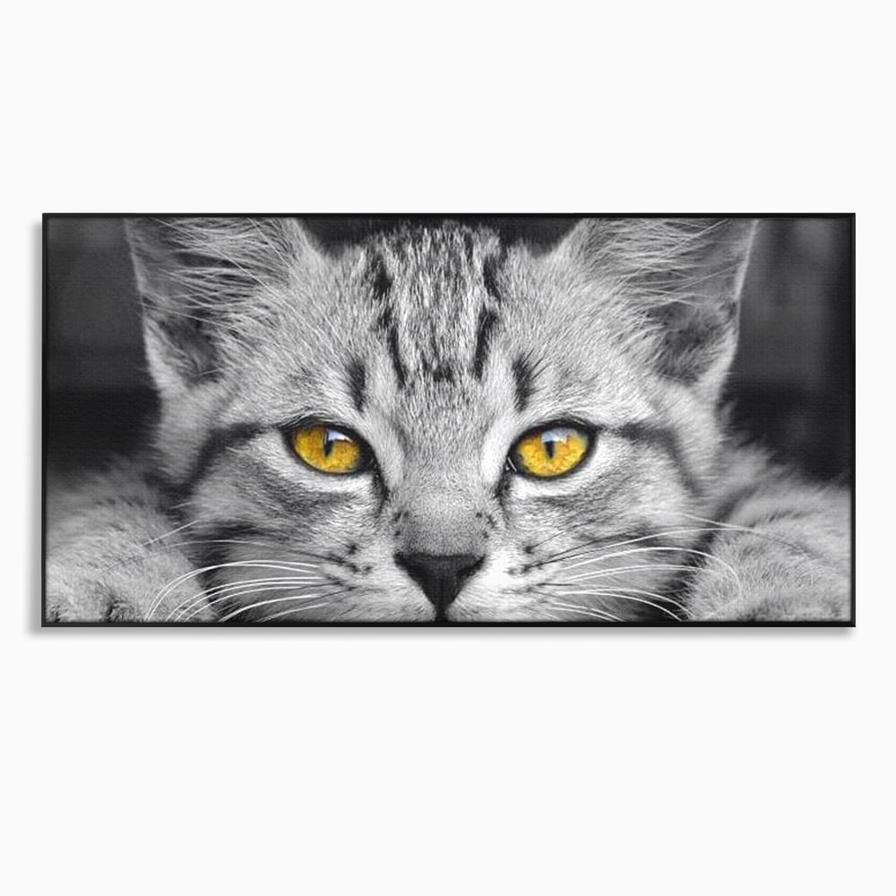 Tablou canvas cu tablou canvas cu o pisica alb-negru si ochi galbeni, in rama de aluminiu negru