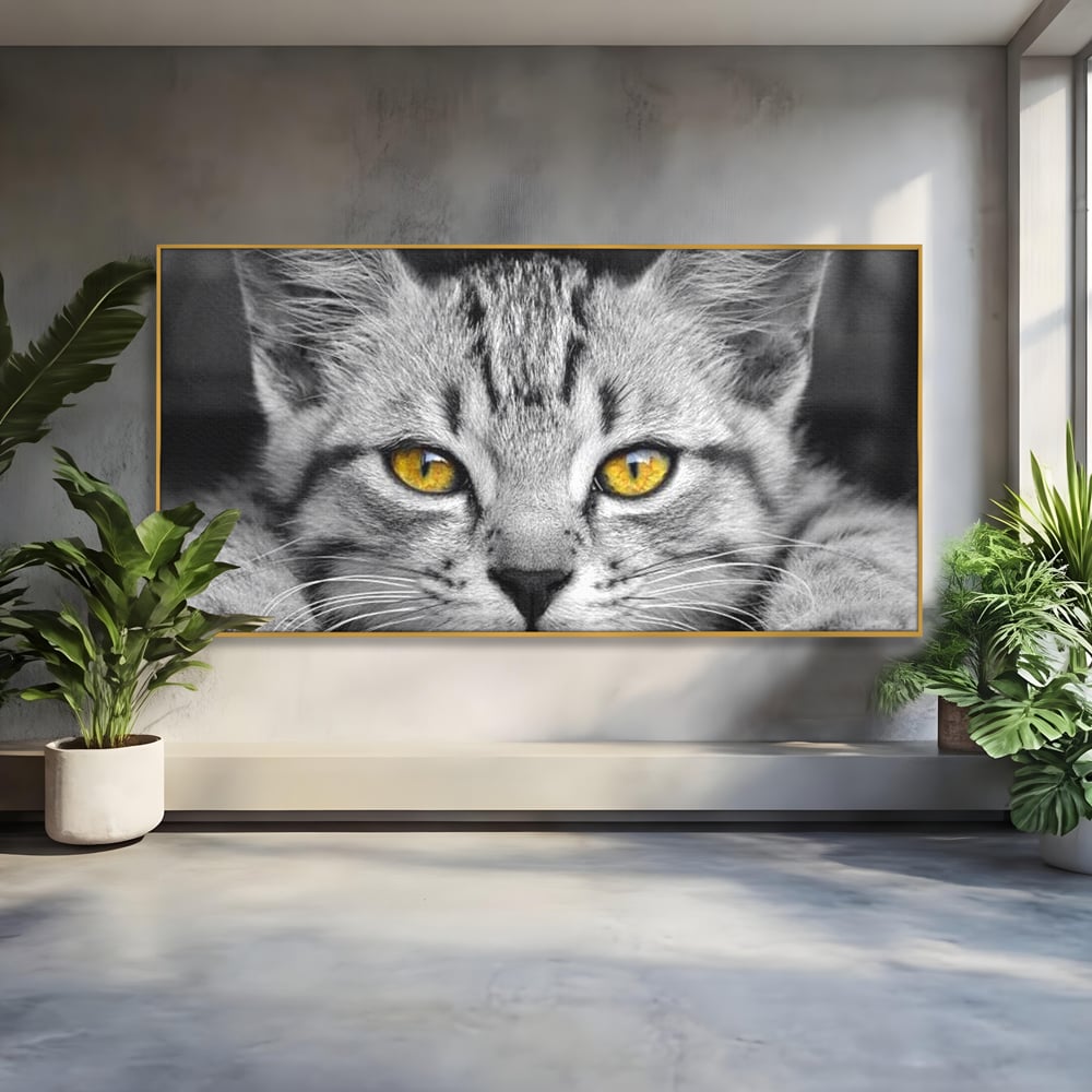 Tablou canvas cu tablou canvas cu o pisica alb-negru si ochi galbeni, in rama de aluminiu auriu