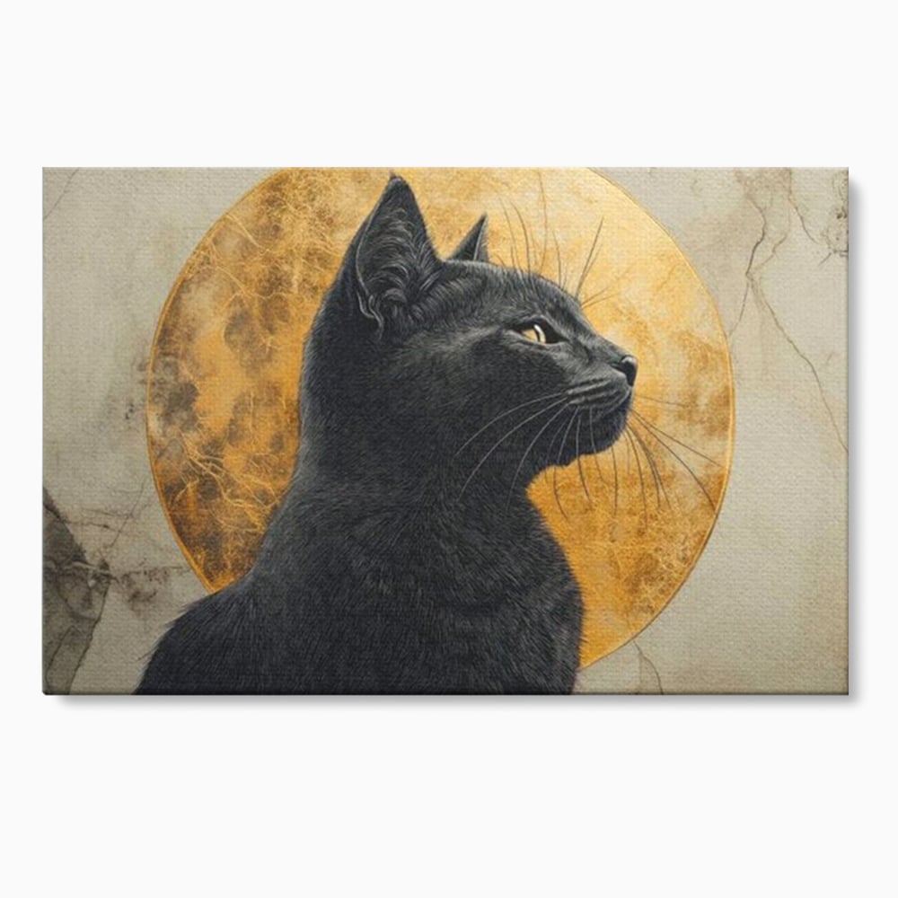 Tablou canvas cu tablou canvas cu pisica neagra si luna, fara rama, pe sasiu de lemn