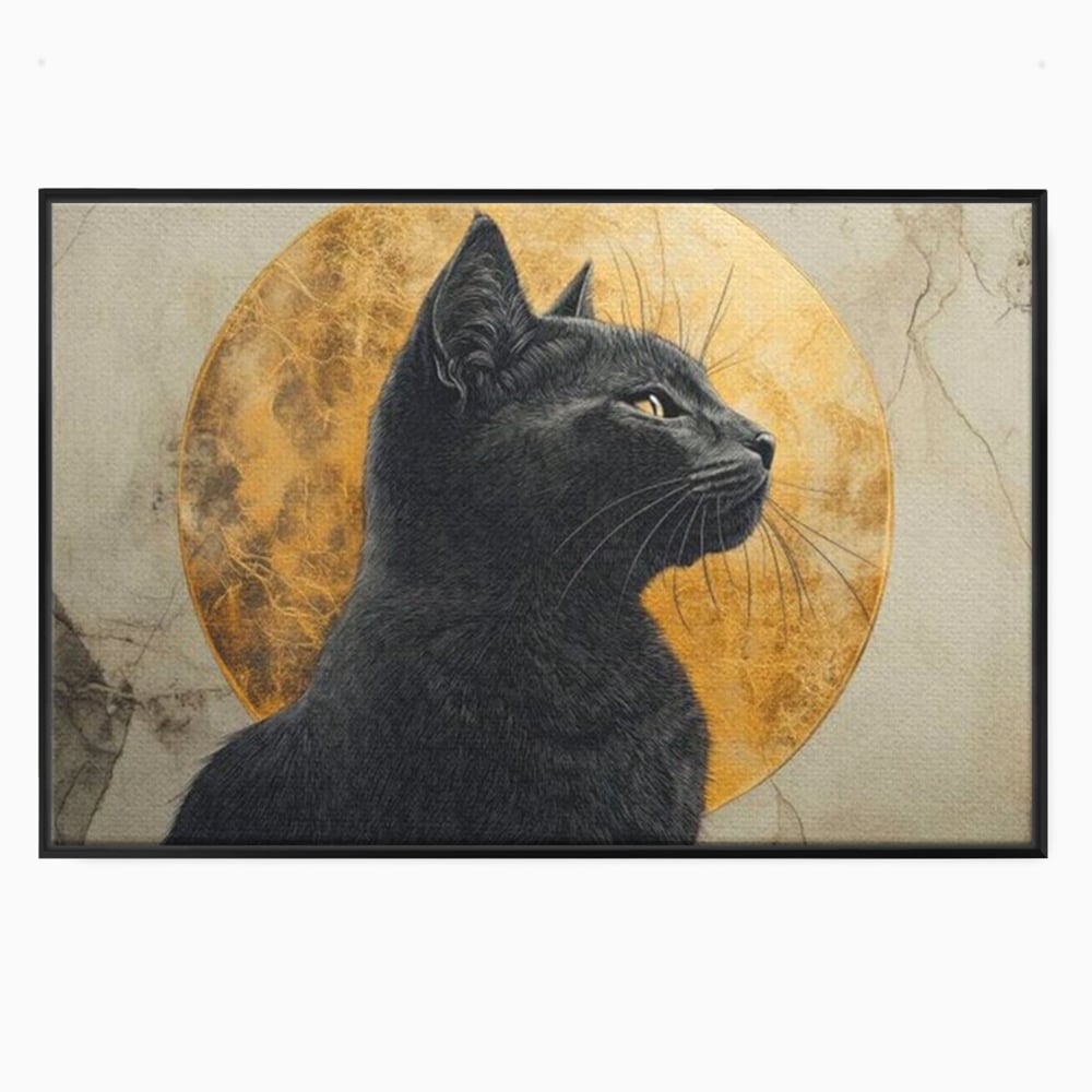 Tablou canvas cu tablou canvas cu pisica neagra si luna, in rama de aluminiu negru