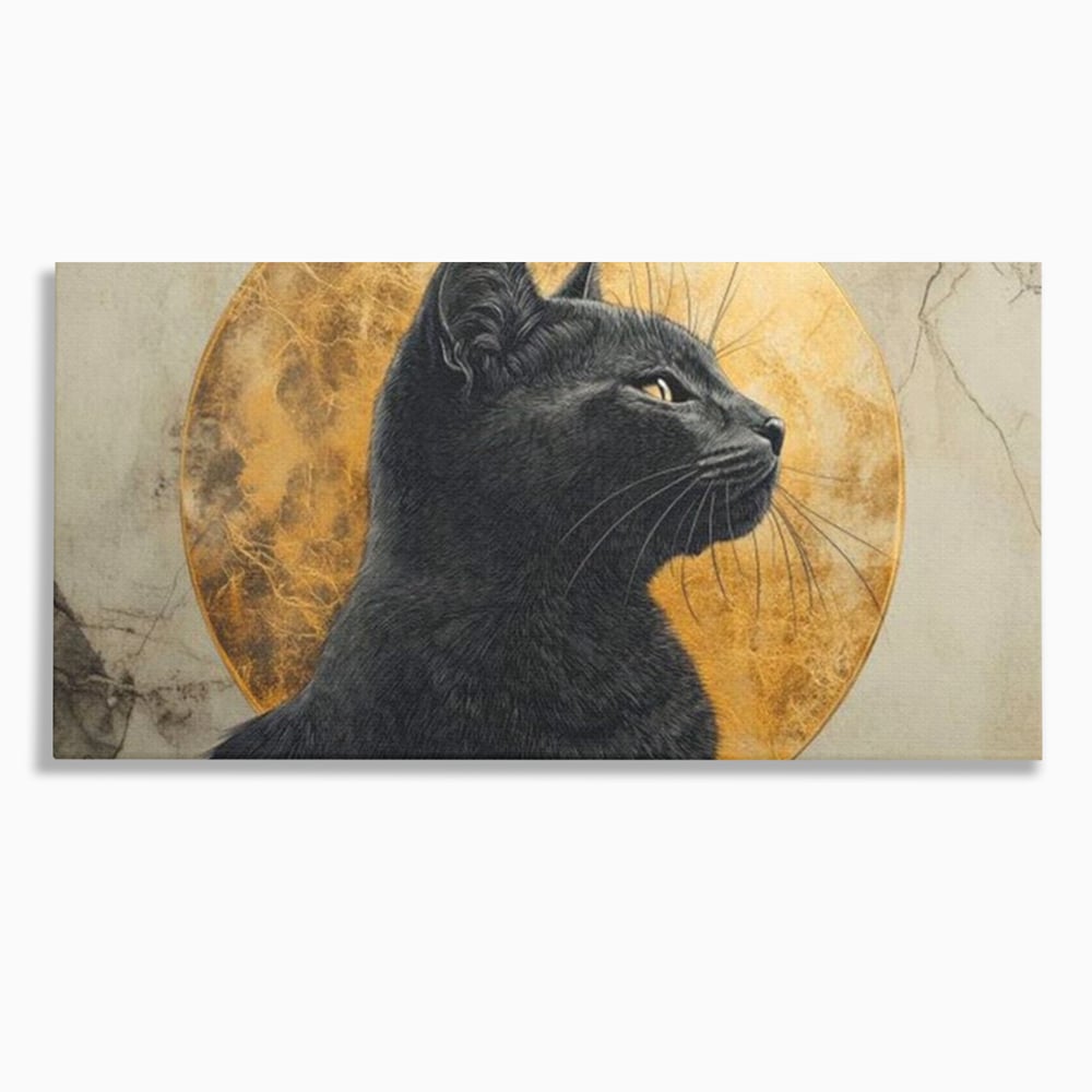 Tablou canvas cu tablou canvas cu pisica neagra si luna, fara rama, pe sasiu de lemn