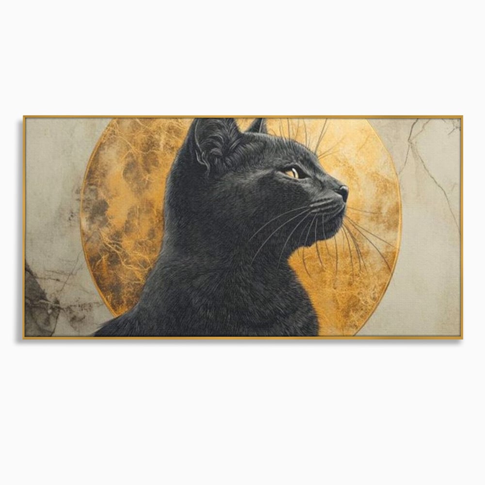 Tablou canvas cu tablou canvas cu pisica neagra si luna, in rama de aluminiu auriu