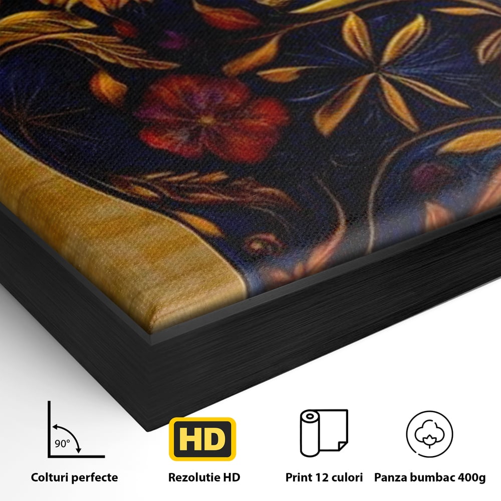 Detaliu al suprafetei: tablou canvas cu pisica albastra decorata cu flori, in rama de aluminiu negru