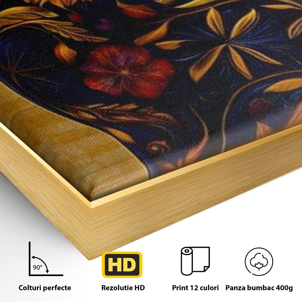Detaliu al suprafetei: tablou canvas cu pisica albastra decorata cu flori, in rama de aluminiu auriu