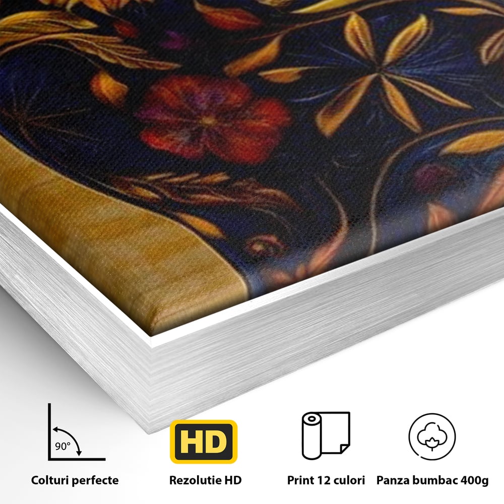 Detaliu al suprafetei: tablou canvas cu pisica albastra decorata cu flori, in rama de aluminiu argintiu