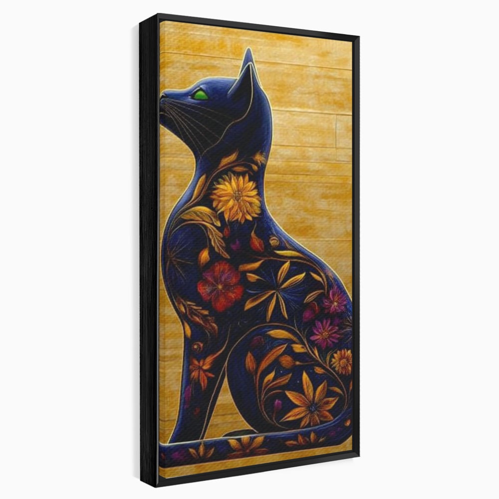 Tablou canvas cu tablou canvas cu pisica albastra decorata cu flori, in rama de aluminiu negru