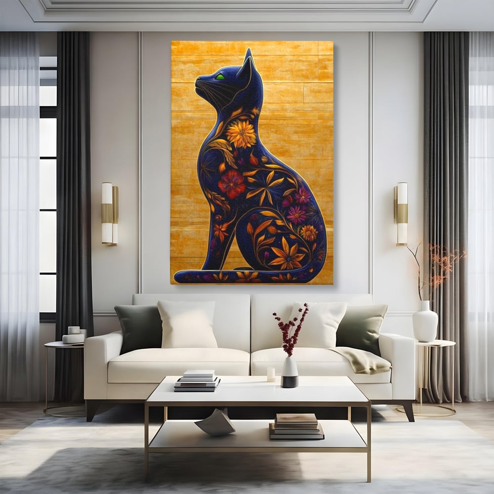 Tablou canvas cu tablou canvas cu pisica albastra decorata cu flori, fara rama, pe sasiu de lemn, pe perete intr-un living