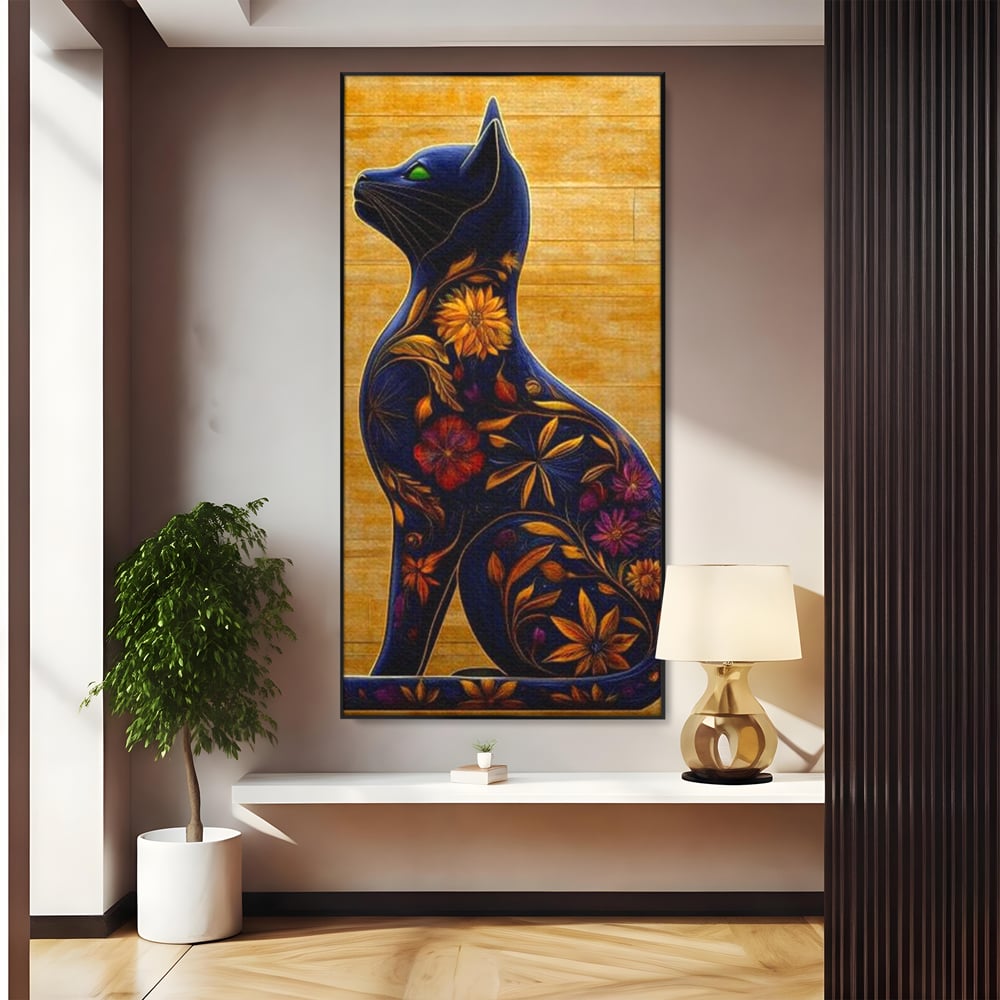 Tablou canvas cu tablou canvas cu pisica albastra decorata cu flori, in rama de aluminiu negru