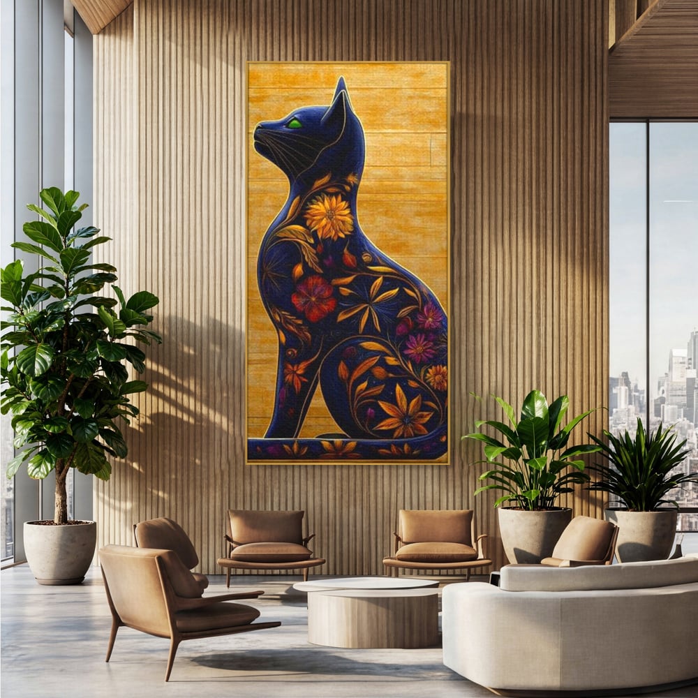 Tablou canvas cu tablou canvas cu pisica albastra decorata cu flori, in rama de aluminiu auriu, pe perete intr-un birou