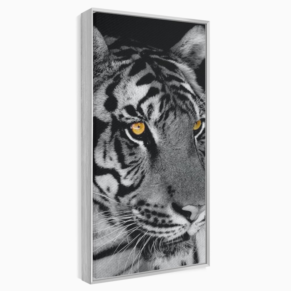Tablou canvas cu tablou canvas cu tigru alb-negru, in rama de aluminiu argintiu