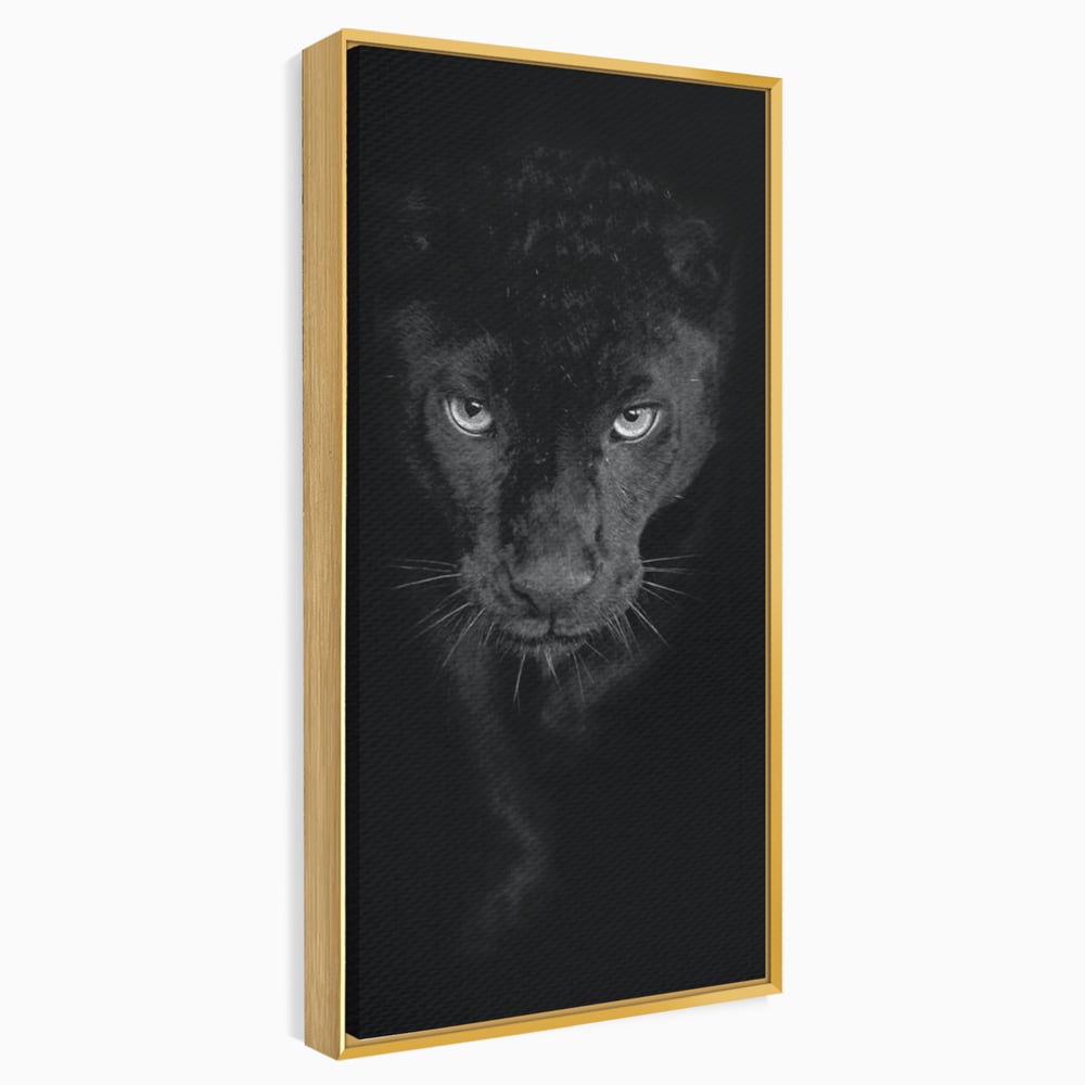 Tablou canvas cu tablou canvas cu pantera neagra, in rama de aluminiu auriu