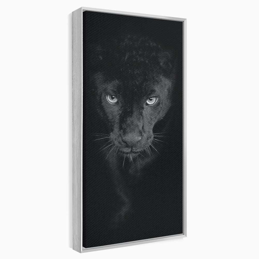 Tablou canvas cu tablou canvas cu pantera neagra, in rama de aluminiu argintiu
