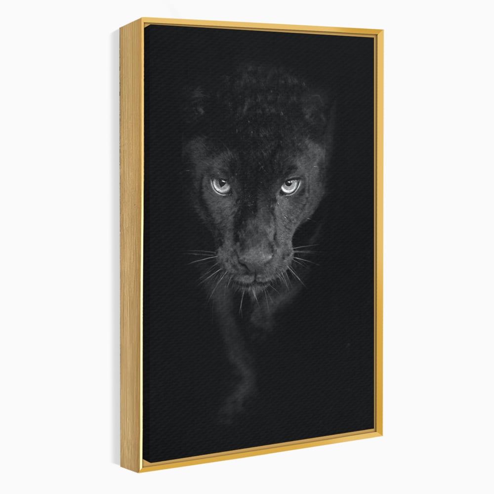 Tablou canvas cu tablou canvas cu pantera neagra, in rama de aluminiu auriu