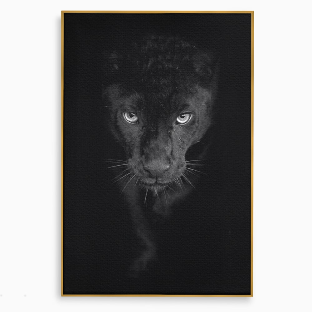 Tablou canvas cu tablou canvas cu pantera neagra, in rama de aluminiu auriu