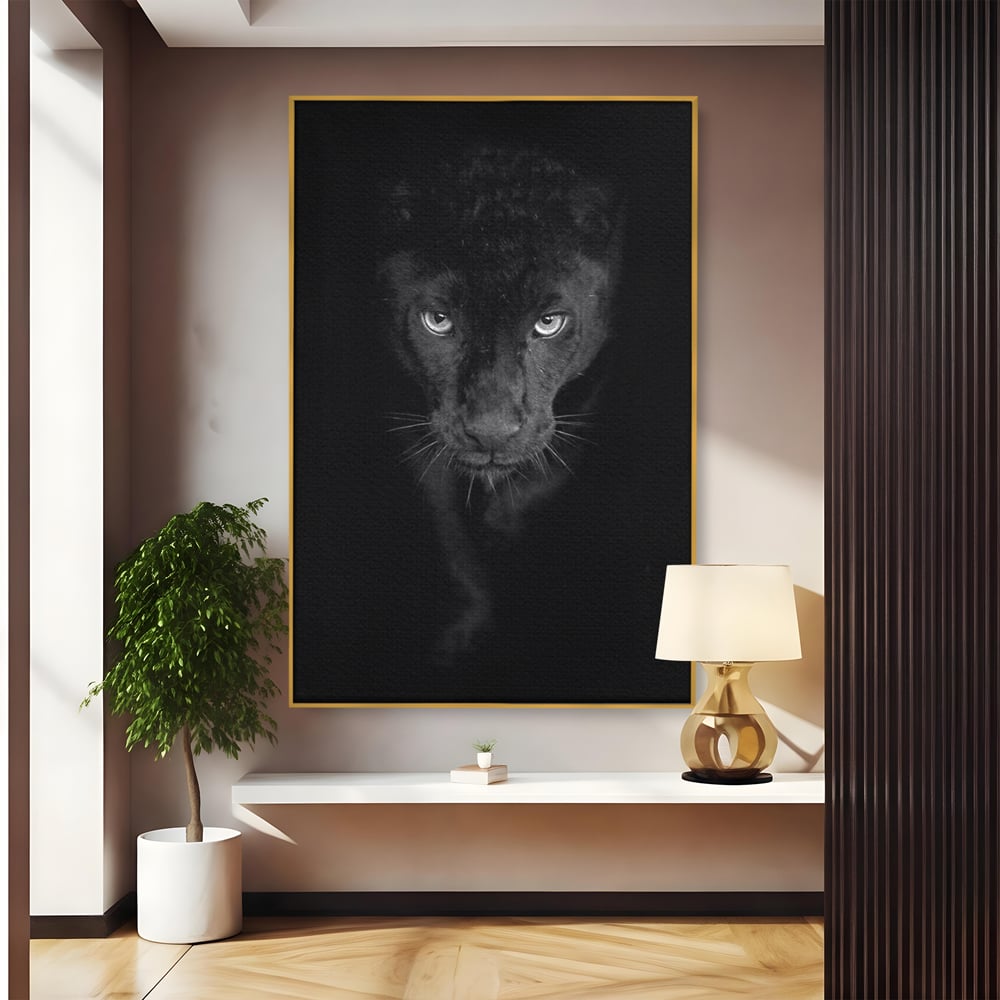 Tablou canvas cu tablou canvas cu pantera neagra, in rama de aluminiu auriu
