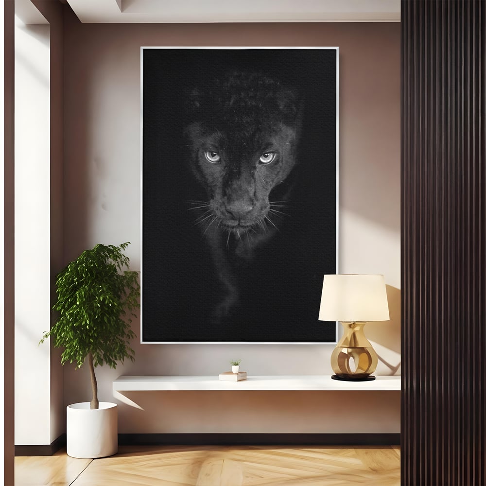 Tablou canvas cu tablou canvas cu pantera neagra, in rama de aluminiu argintiu