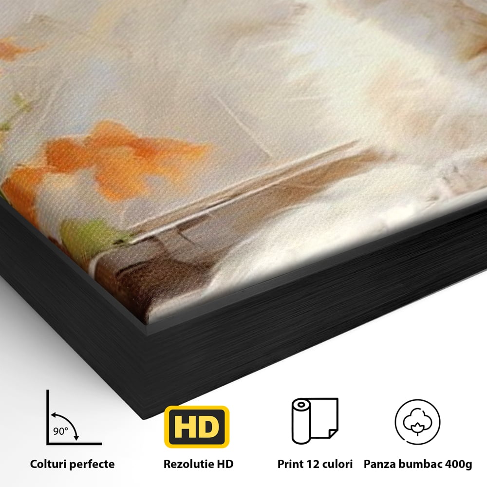 Detaliu al suprafetei: tablou canvas cu pisica alba la fereastra, in rama de aluminiu negru