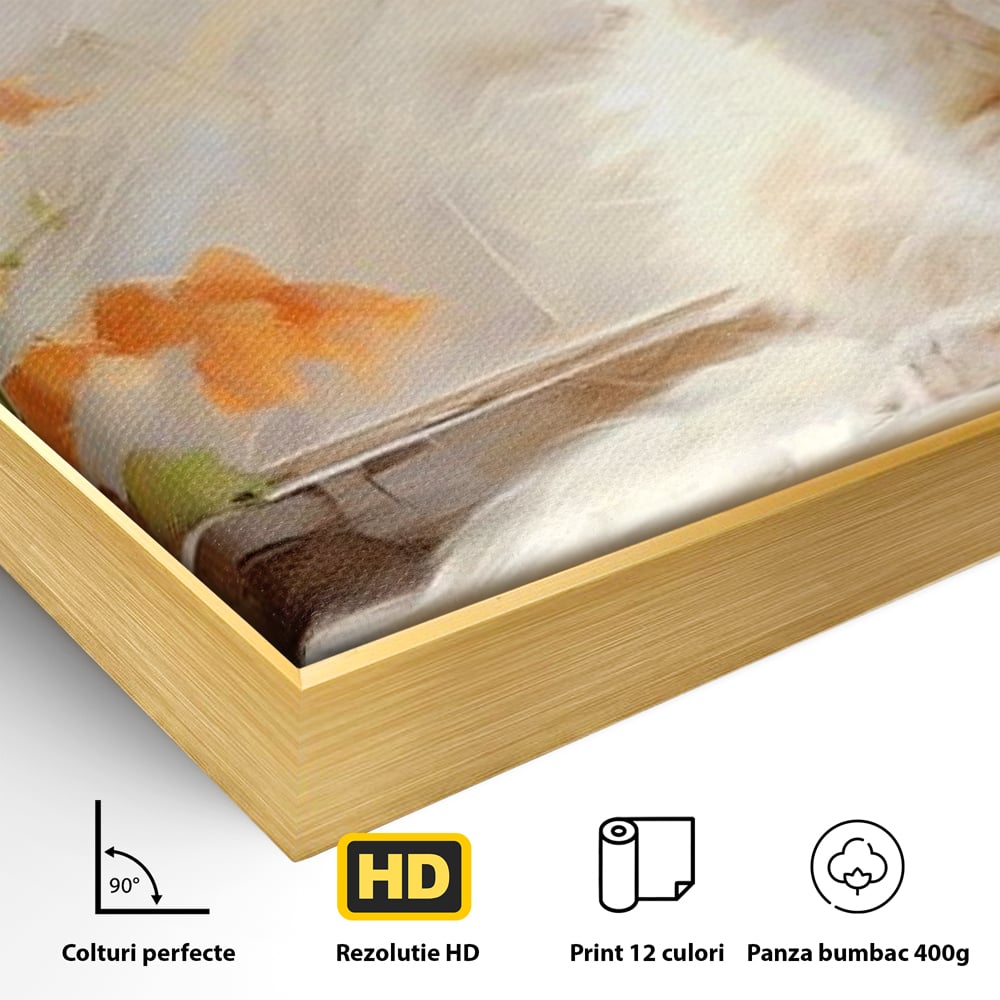 Detaliu al suprafetei: tablou canvas cu pisica alba la fereastra, in rama de aluminiu auriu
