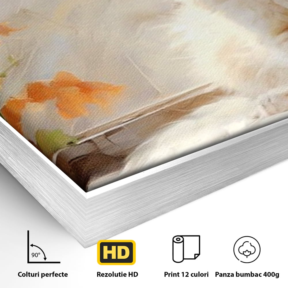 Detaliu al suprafetei: tablou canvas cu pisica alba la fereastra, in rama de aluminiu argintiu