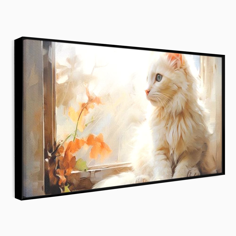 Tablou canvas cu tablou canvas cu pisica alba la fereastra, in rama de aluminiu negru