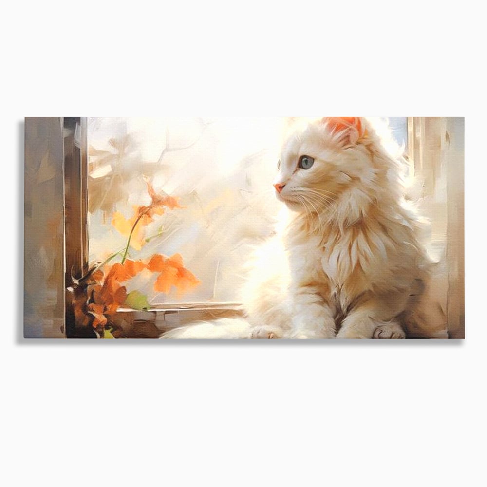 Tablou canvas cu tablou canvas cu pisica alba la fereastra, fara rama, pe sasiu de lemn