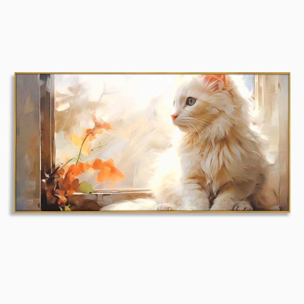 Tablou canvas cu tablou canvas cu pisica alba la fereastra, in rama de aluminiu auriu