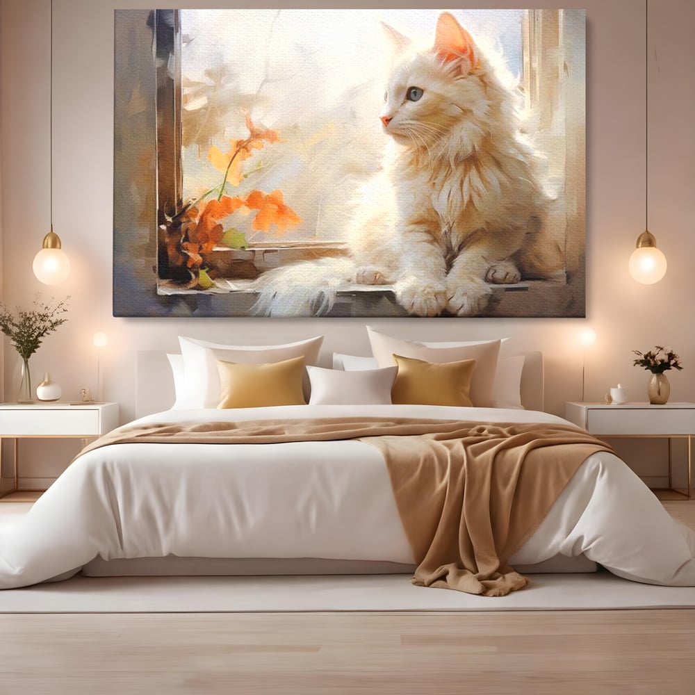 Tablou canvas cu tablou canvas cu pisica alba la fereastra, fara rama, pe sasiu de lemn, pe perete intr-un dormitor