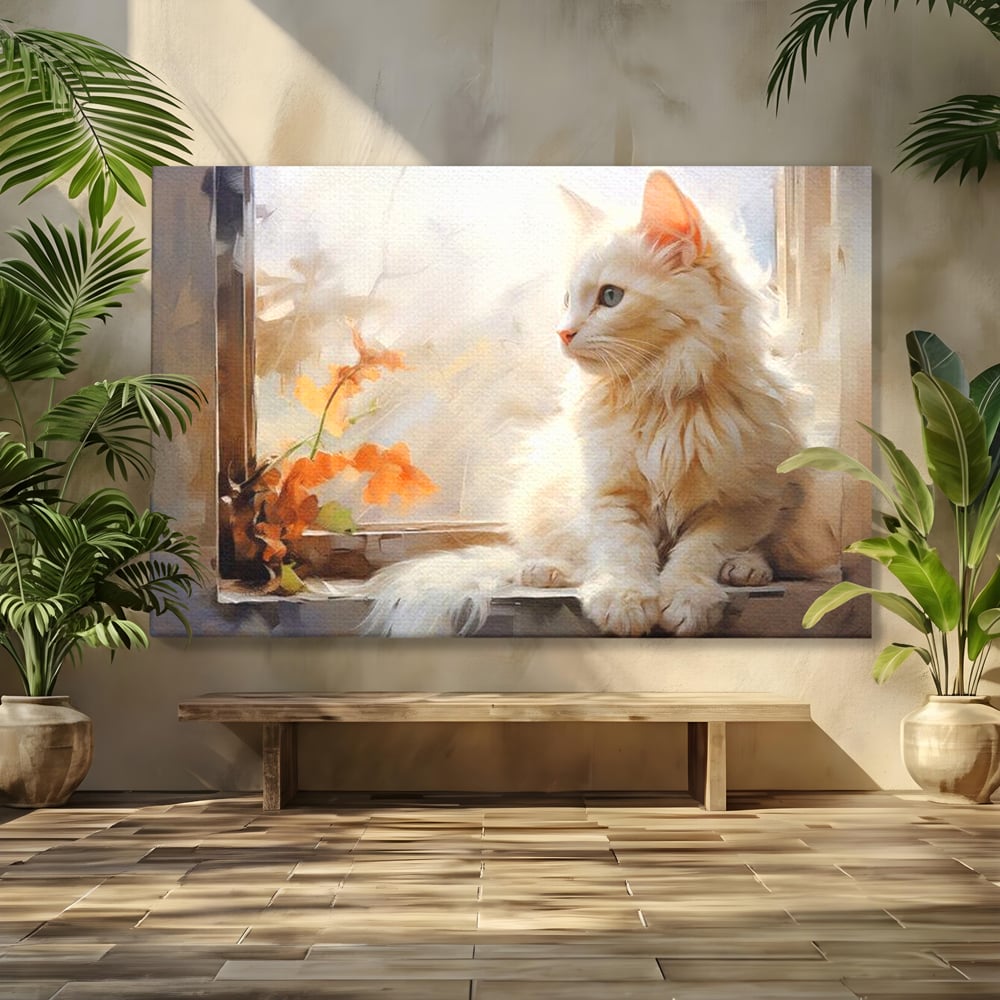 Tablou canvas cu tablou canvas cu pisica alba la fereastra, fara rama, pe sasiu de lemn