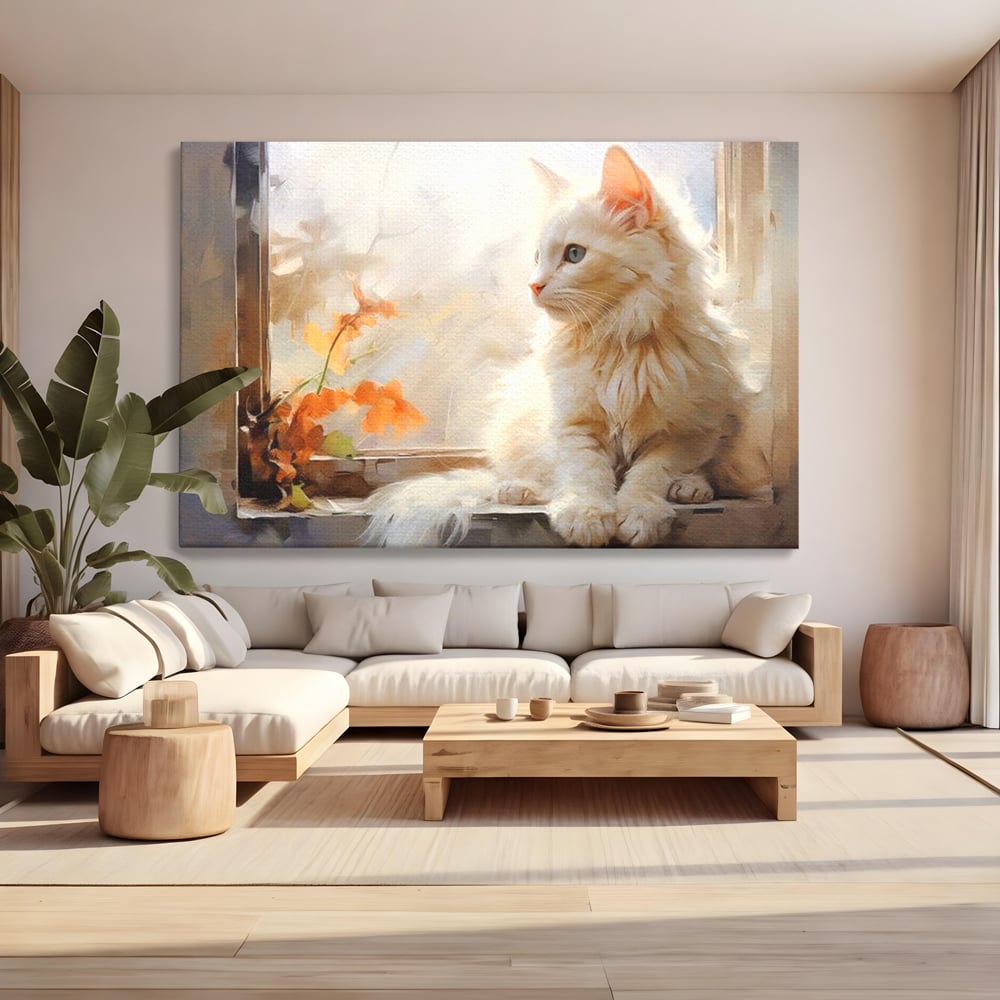 Tablou canvas cu tablou canvas cu pisica alba la fereastra, fara rama, pe sasiu de lemn, pe perete intr-un living