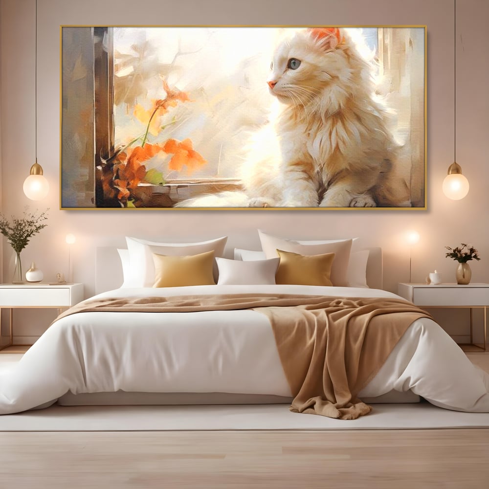Tablou canvas cu tablou canvas cu pisica alba la fereastra, in rama de aluminiu auriu, pe perete intr-un dormitor