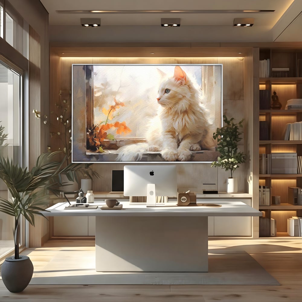 Tablou canvas cu tablou canvas cu pisica alba la fereastra, in rama de aluminiu argintiu, pe perete intr-un birou