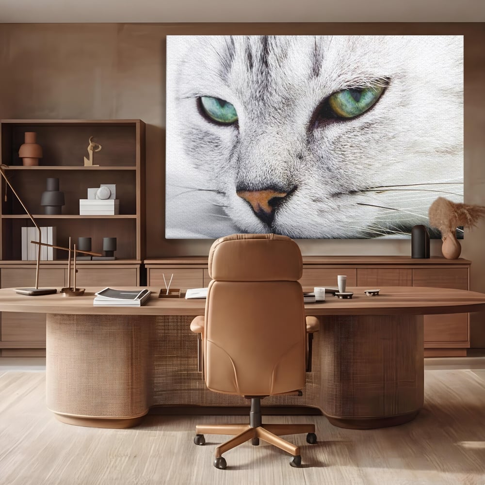 Tablou canvas cu tablou canvas cu ochi de pisica, fara rama, pe sasiu de lemn, pe perete intr-un birou