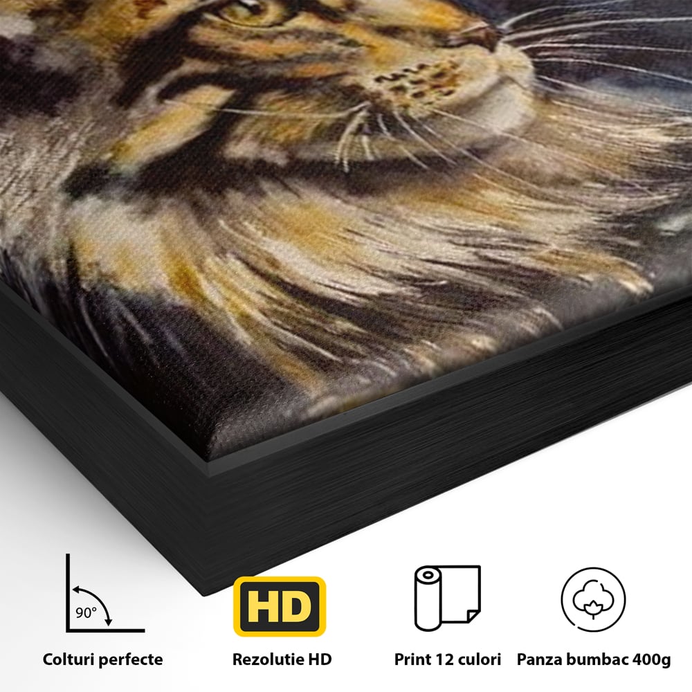 Detaliu al suprafetei: tablou canvas cu pisica in galaxie, in rama de aluminiu negru