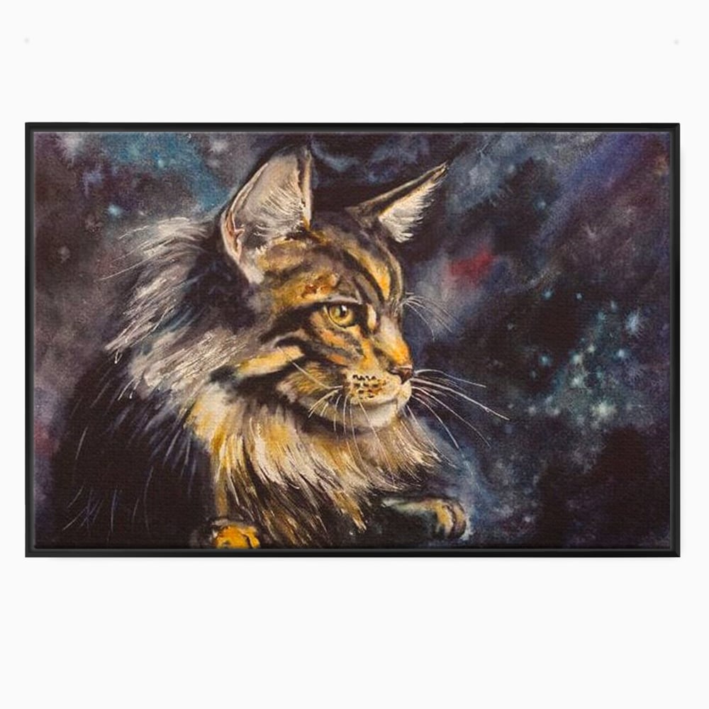 Tablou canvas cu tablou canvas cu pisica in galaxie, in rama de aluminiu negru