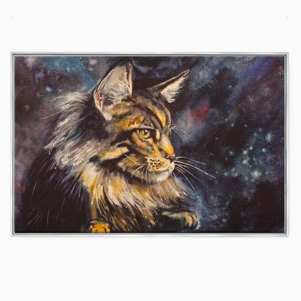 Tablou canvas cu tablou canvas cu pisica in galaxie, in rama de aluminiu argintiu