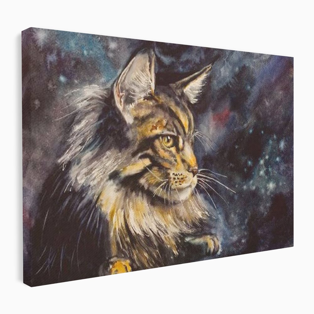 Tablou canvas cu tablou canvas cu pisica in galaxie, fara rama, pe sasiu de lemn