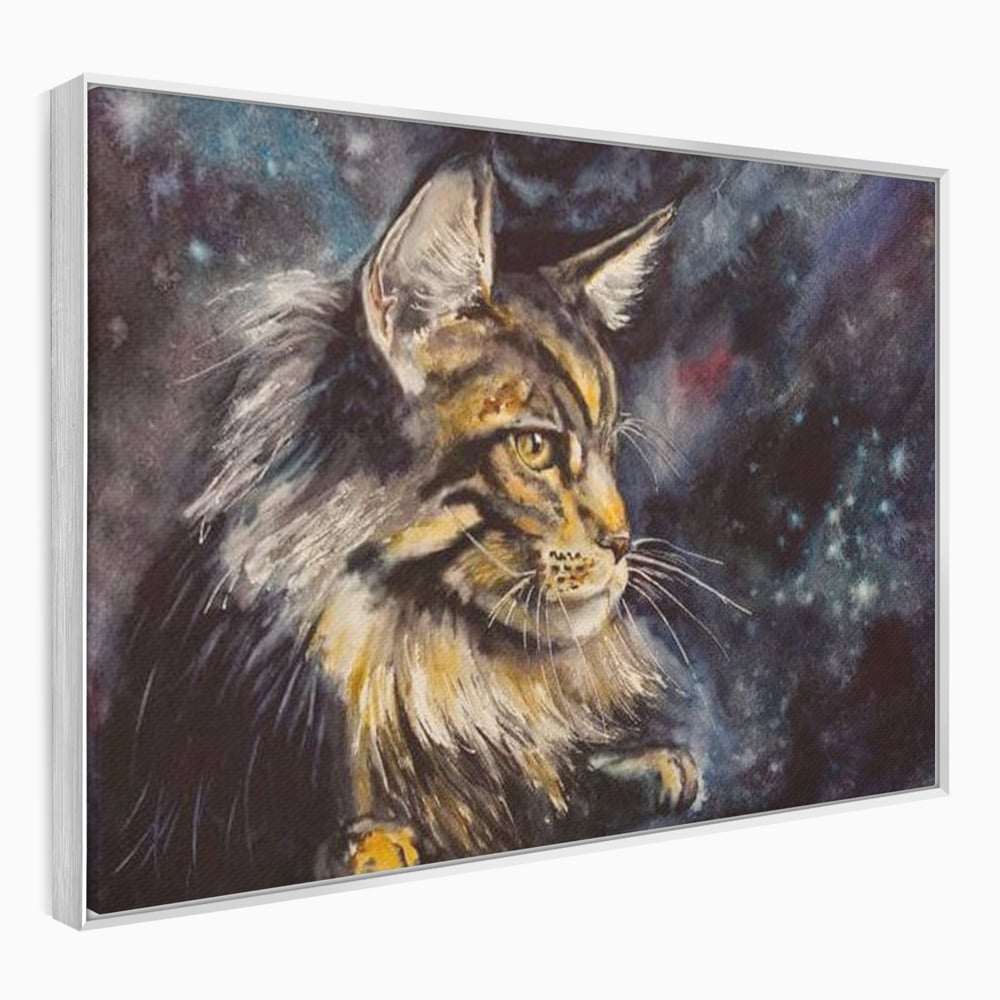 Tablou canvas cu tablou canvas cu pisica in galaxie, in rama de aluminiu argintiu